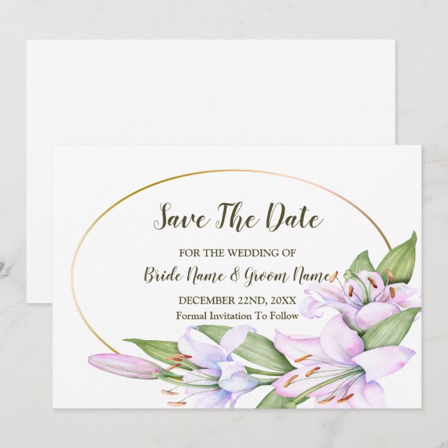 Wedding Pink Lily Flowers Golden Frame Beautiful Save The Date (Front/Back)