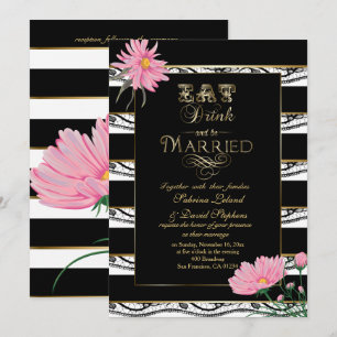 Wedding Pink Mums Black Lace White Stripes Invitation