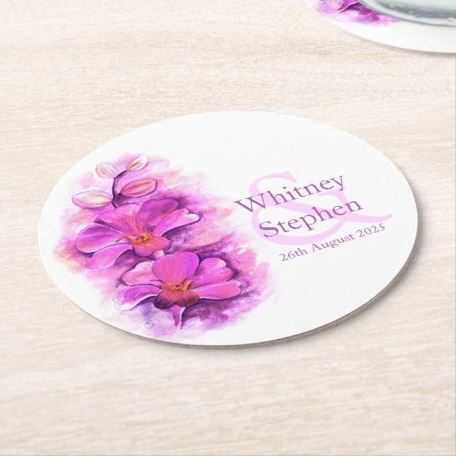 Wedding pink orchid watercolor art paper coasters (Angled)