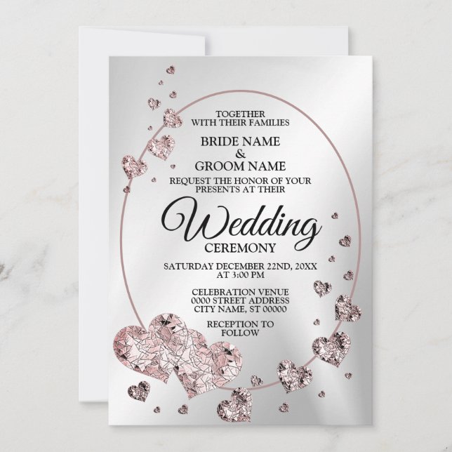 Wedding Pink Peach Shiny Hearts Geometric Elegant Invitation (Front)