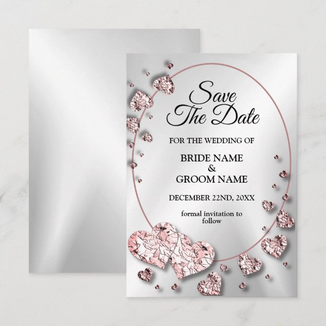 Wedding Pink Peach Shiny Hearts Geometric Save The Date (Front/Back)