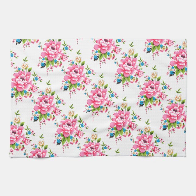 Wedding Pink Peony bunch of flowers pattern Tea Towel (Horizontal)