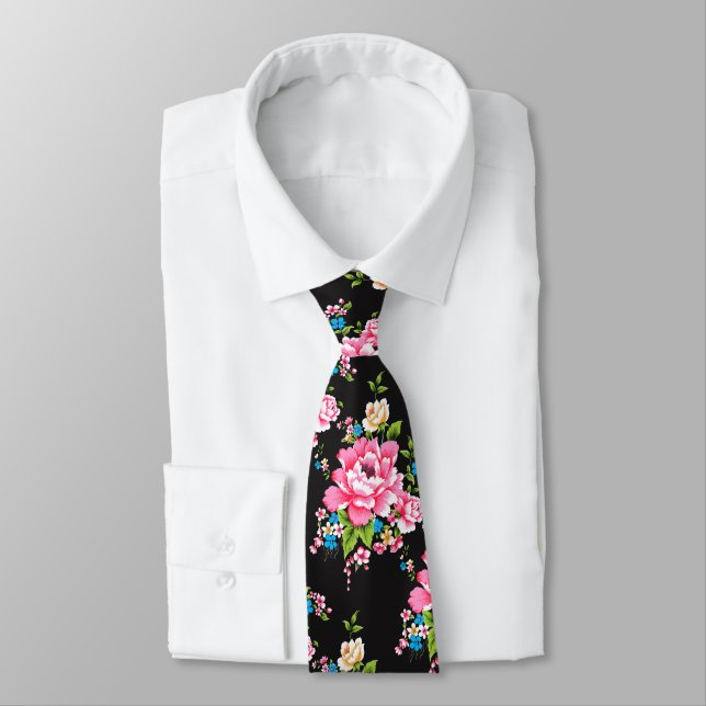 Wedding Pink Peony bunch of flowers pattern Tie (Tied)