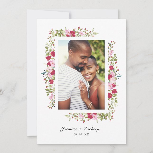 Wedding Pink & Red Shades Flowers & Branches Photo Invitation (Front)