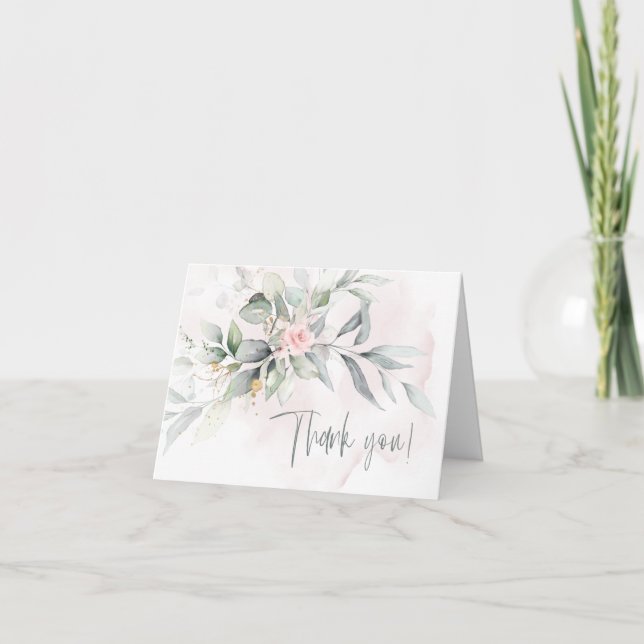 Wedding | Pink Rose Eucalyptus Foliage Thank You Card (Front)