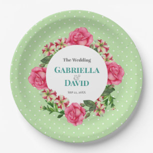 Wedding Pink Rose Red White Petunia Polka Dots Paper Plate
