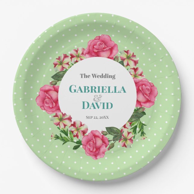 Wedding Pink Rose Red White Petunia Polka Dots Paper Plate (Front)
