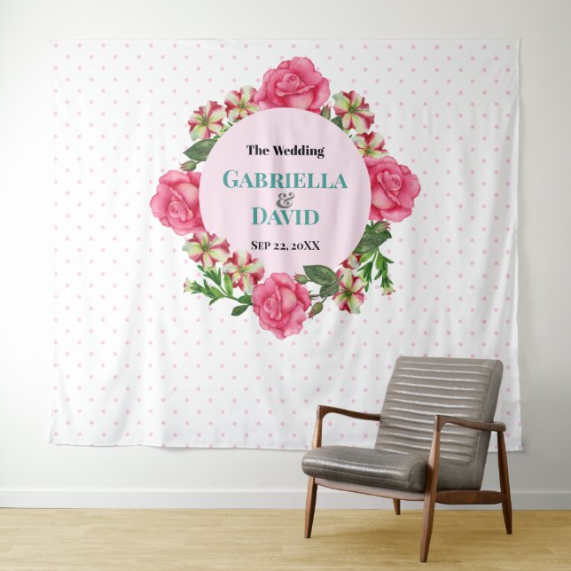 Wedding Pink Rose Red White Petunia Polka Dots Tapestry (In Situ (Horizontal))