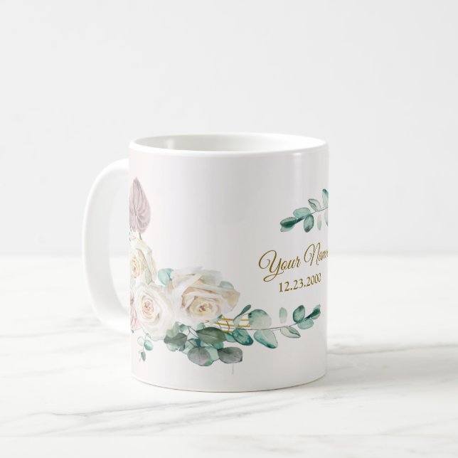 Wedding Pink Rose Watercolor Golden Dusty Party Coffee Mug (Front Left)