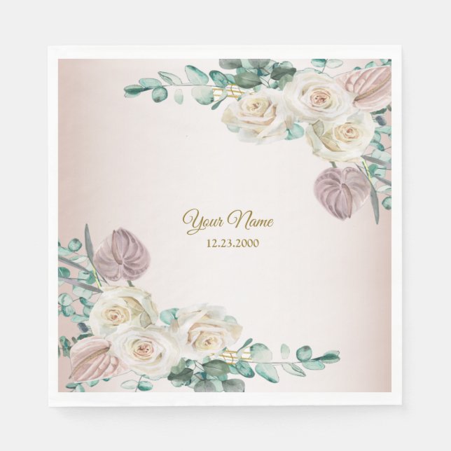 Wedding Pink Rose Watercolor Golden Dusty Party Napkin (Front)