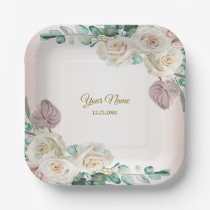 Wedding Pink Rose Watercolor Golden Dusty Party Paper Plate