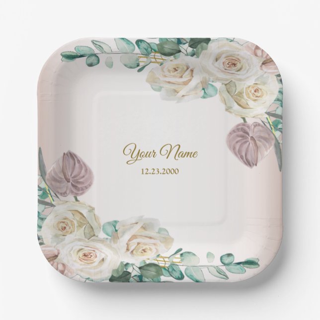 Wedding Pink Rose Watercolor Golden Dusty Party Paper Plate (Front)