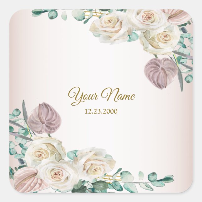Wedding Pink Rose Watercolor Golden Dusty Party Square Sticker (Front)