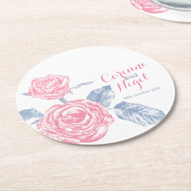 Wedding pink roses ink drawing paper coasters (Angled)