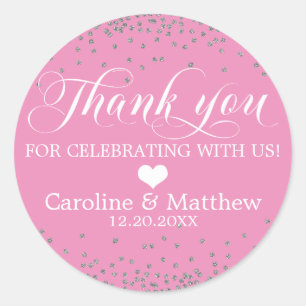 Wedding Pink Sprinkle Sparkle Silver THANK YOU Classic Round Sticker