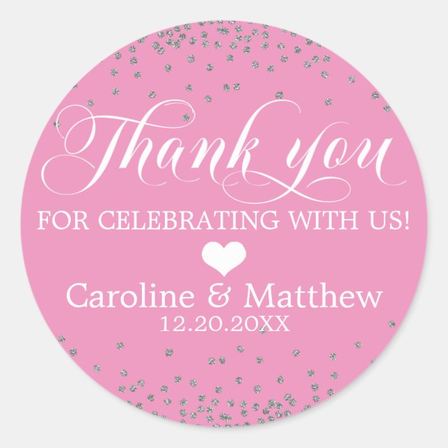 Wedding Pink Sprinkle Sparkle Silver THANK YOU Classic Round Sticker (Front)
