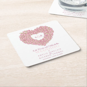 Wedding pink tulip heart bouquet ink drawing square paper coaster