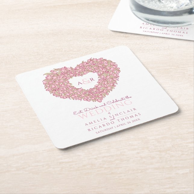Wedding pink tulip heart bouquet ink drawing square paper coaster (Angled)