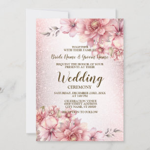 Wedding Pink Watercolor Flowers Shiny Glitter  Invitation