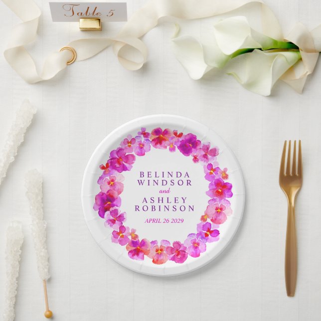 Wedding pink watercolor wreath custom paper plate (Wedding)