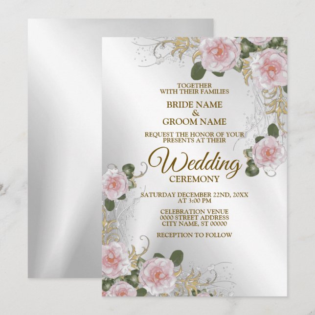 Wedding Pink White Floral Silver Rustic Elegant Invitation (Front/Back)