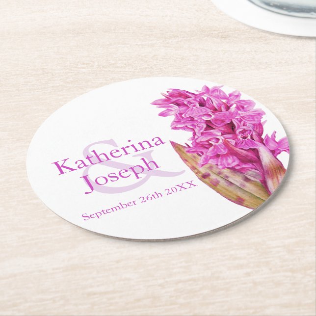 Wedding pink wild orchid watercolor round paper coaster (Angled)