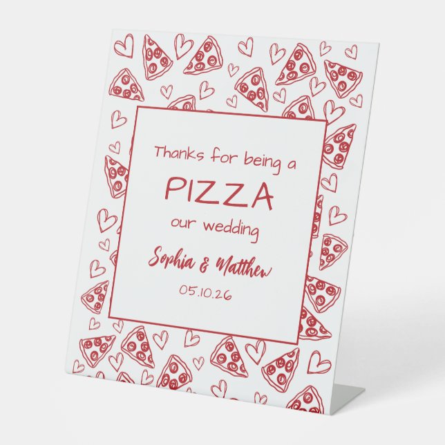 Wedding Pizza After Party Red Italian Hand Drawn Pedestal Sign (Front)