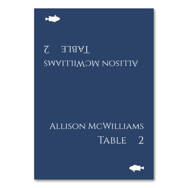 Wedding Place card-Fish Icon-Dark Blue and White- Table Number (Front)