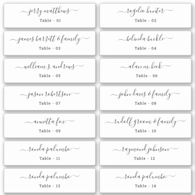 Wedding Place Card Guest Names Table Number  Stick (Front)