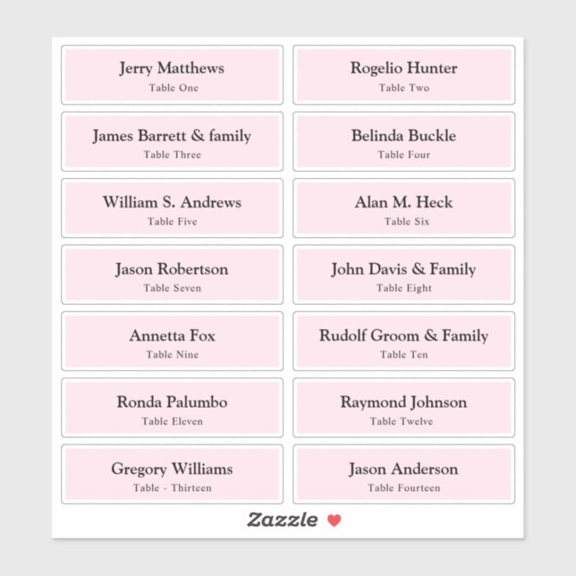 Wedding Place Card Guest Names Table Number  Stick (Sheet)