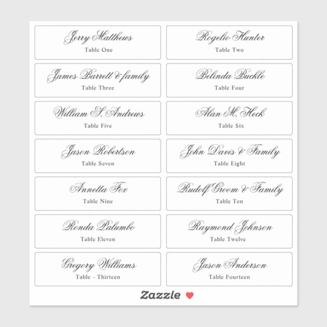 Wedding Place Card Guest Names Table Number  Stick (Sheet)