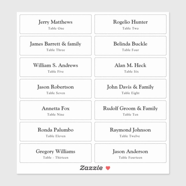 Wedding Place Card Guest Names Table Number  Stick (Sheet)