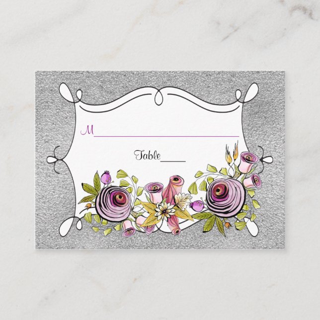 Wedding Place Card | Plum Purple, FAUX Silver Foil (Front)