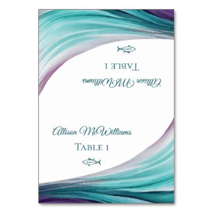 Wedding Place cards-Fish Icon-Purple and Teal- Table Number