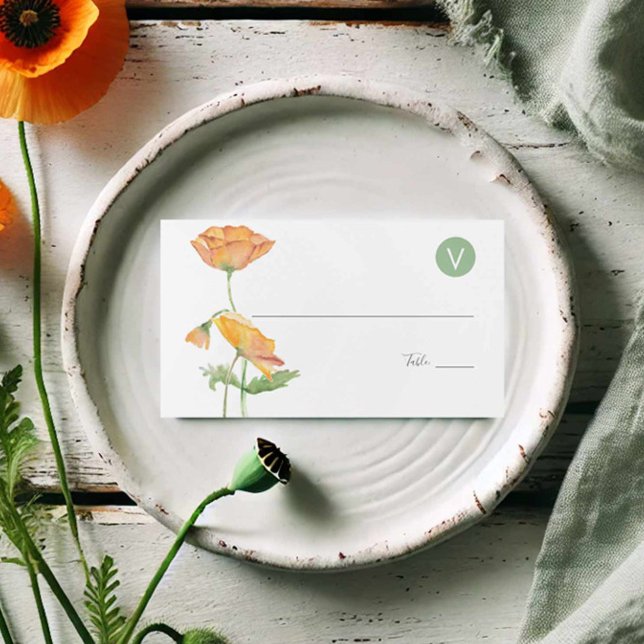 Wedding Place Cards Meal Choice Floral Watercolor  (wedding place cards watercolor orange poppy flower by Victoria Grigaliunas of Do Tell A Belle)