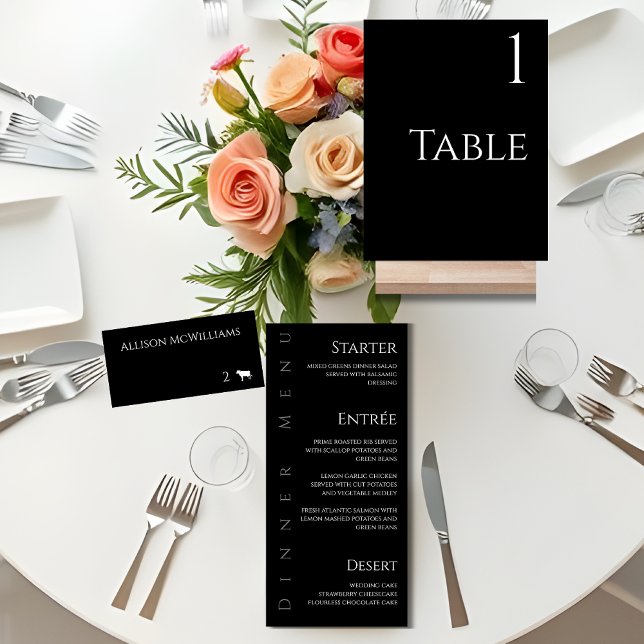 Wedding Place cards-Meat Icon-Black and White Table Number (Minimalist Modern Black and White Wedding-Place cards-Table sign, Dinner Menu)