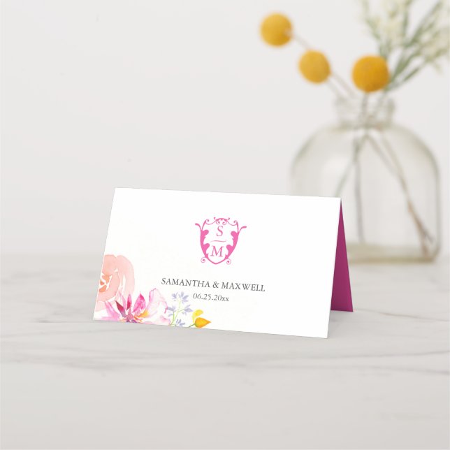 Wedding Place Cards Monogram Pink Flowers (Back)