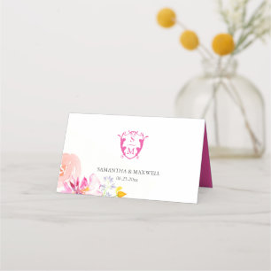 Wedding Place Cards Monogram Pink Flowers