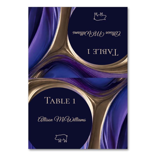 Wedding Place cards-Pork Icon-Blue Purple Gold- Table Number (Front)