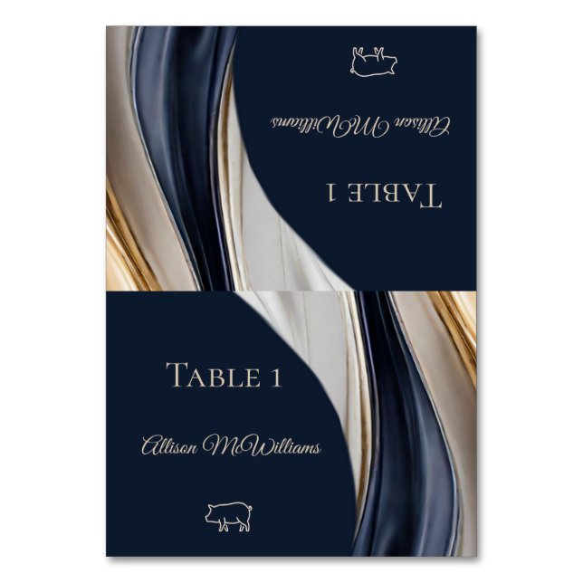 Wedding Place cards-Pork Icon-Blue White Gold- Table Number (Front)