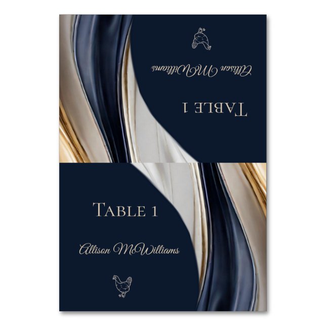 Wedding Place cards-Poultry Icon-Blue White Gold- Table Number (Front)