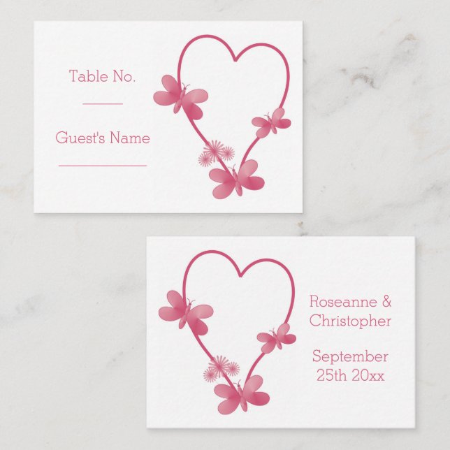 Wedding Place Setting Card Pink Heart Butterflies (Front/Back)
