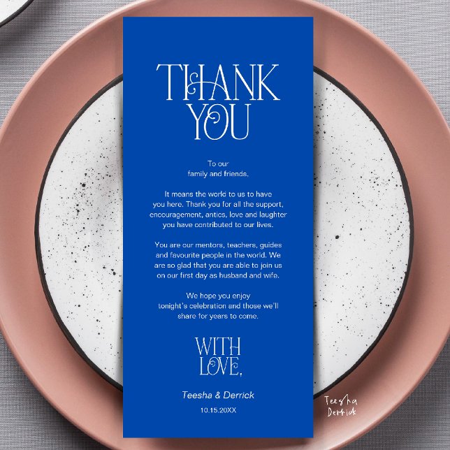 Wedding Place Setting Thank You Cobalt Blue Card (Modern Minimalist Wedding Cobalt Blue Card)