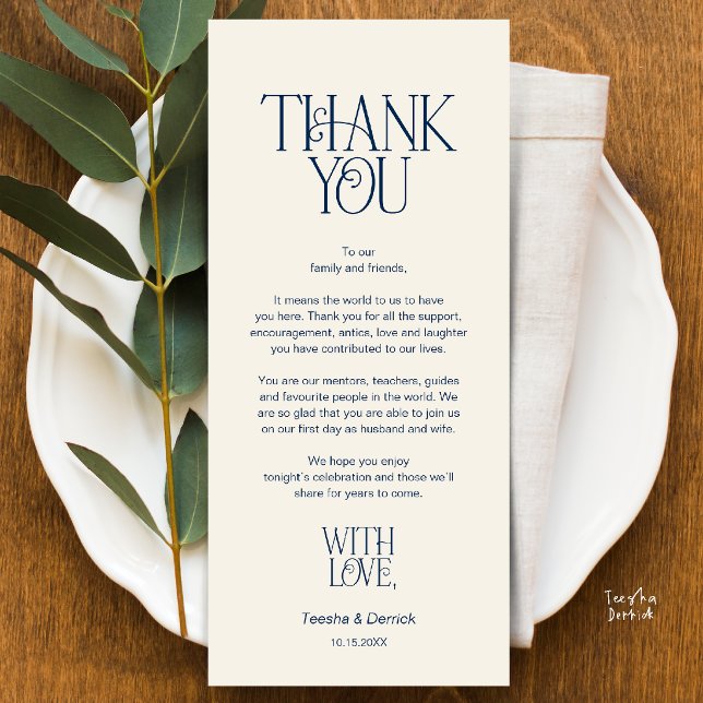 Wedding Place Setting Thank You Navy Blue Card (Modern Minimalist Wedding Dinner Place Setting Thank You Navy Blue and Ivory Card)