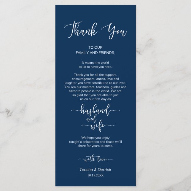 Wedding Place Setting Thank You, Navy Blue Cards (Front)