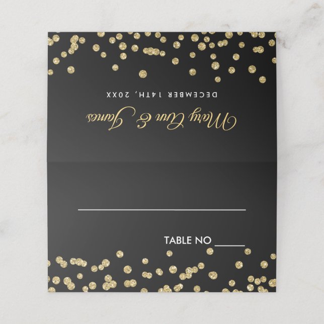 Wedding Placecards Gold Faux Glitter Confetti Blac (Outside Unfolded)