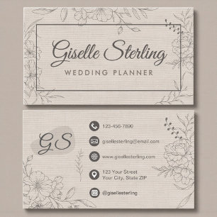 Wedding Planner Beige Linen Floral Line Art Business Card