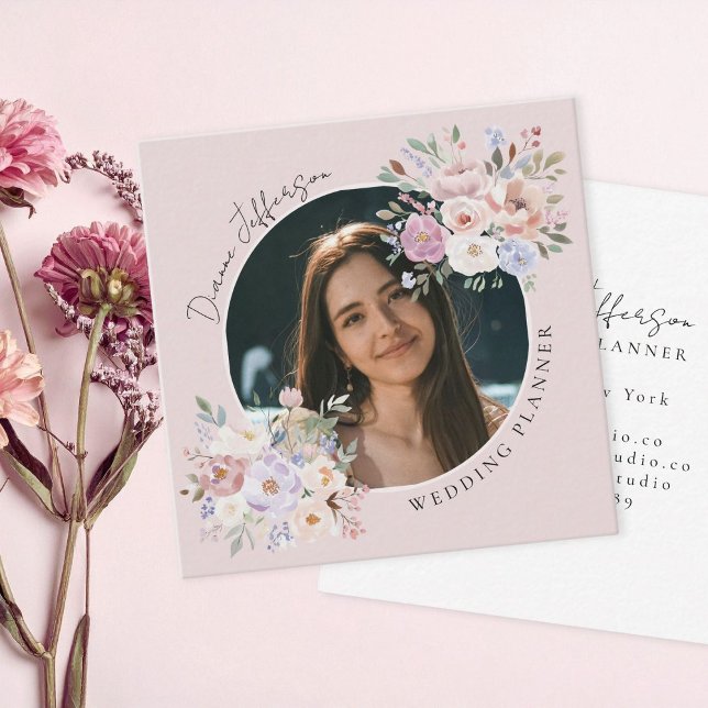 Wedding Planner Blush Pink Floral Custom Photo Square Business Card (elegant wedding planner blush pink custom photo floral business card)
