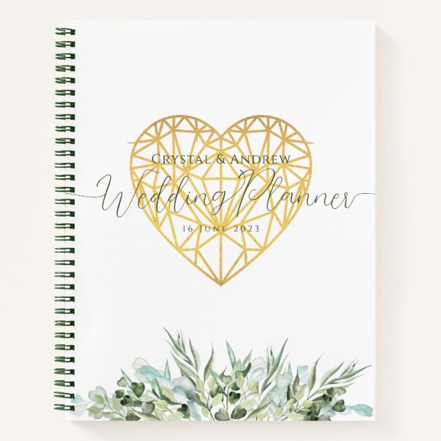 Wedding Planner Elegant White Gold Heart Foliage Notebook (Front)