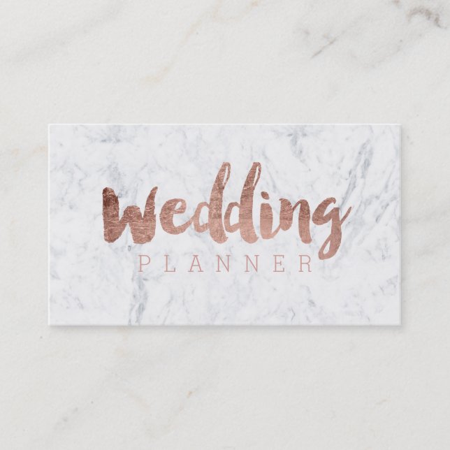 Wedding planner modern rose gold typography marble business card (Front)